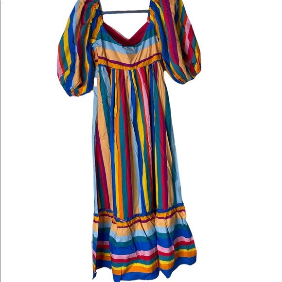 Farm Rio Striped Scarf Maxi Ruffled Rainbow Balloon Sleeve Maxi Dress Sz. S - Picture 4 of 9